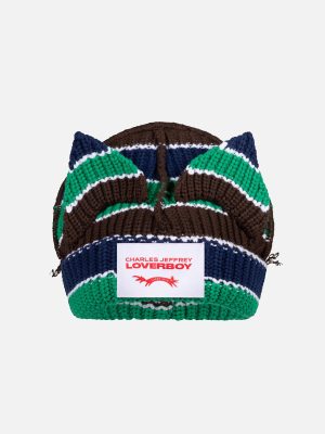 CHUNKY EARS BEANIE IN GREEN NAVY BROWN